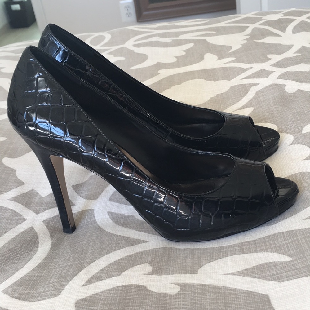 Black crocodile print patent leather peep toe heel